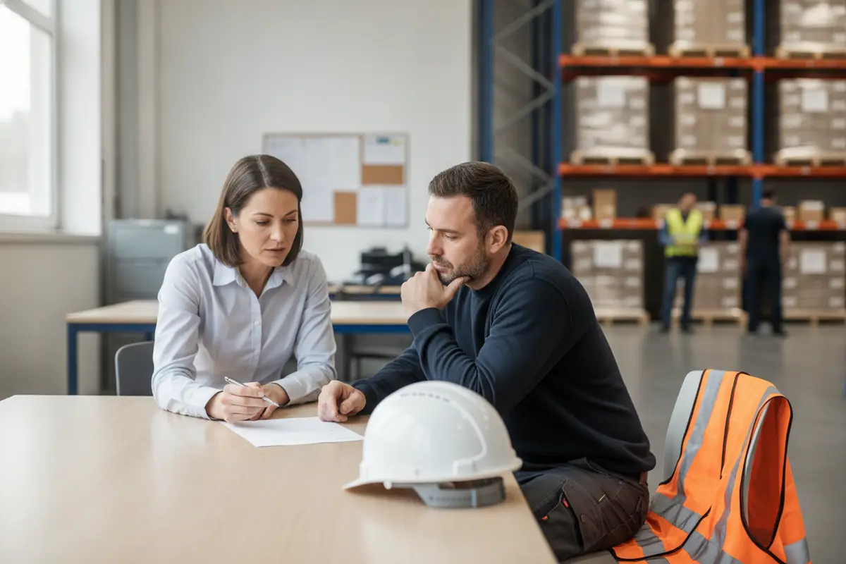 Warehouse operations and safety leads reviewing incident information together