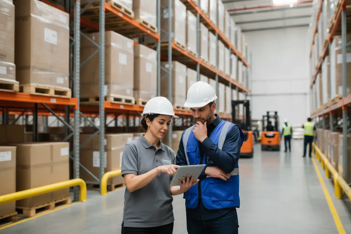 Warehouse supervisor and staffing coordinator reviewing a shift roster
