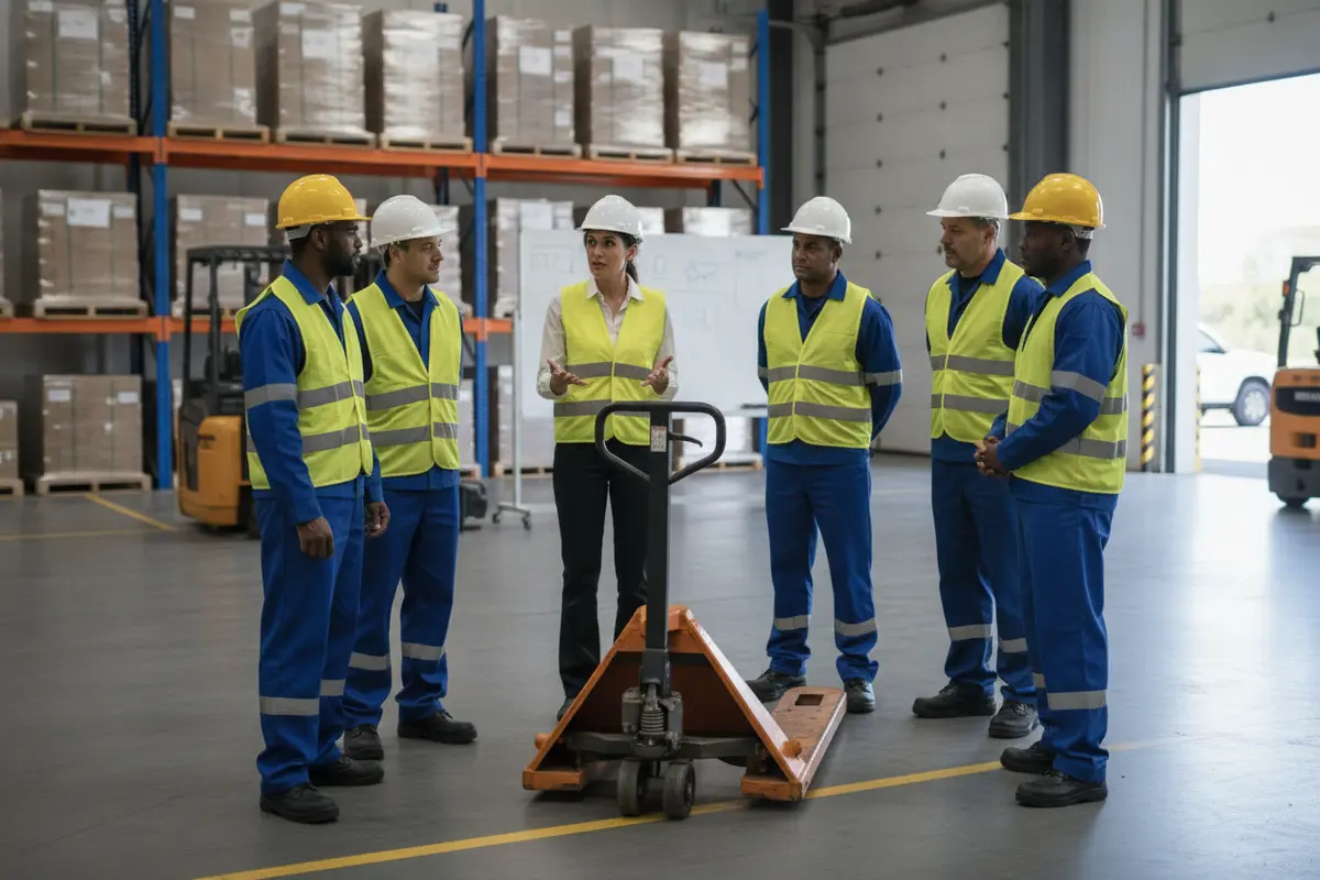 Warehouse supervisor briefing workers before a distribution center shift