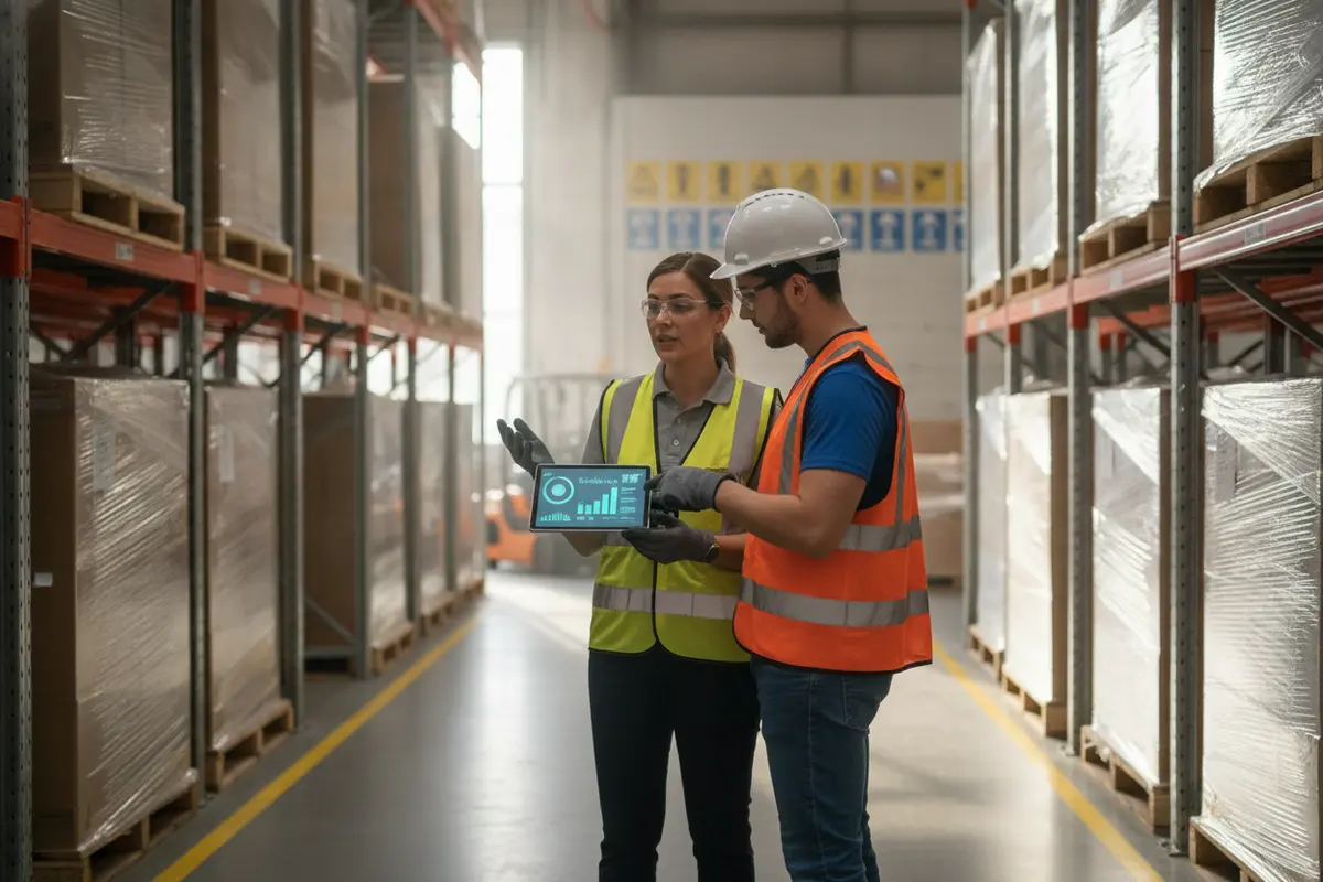 Warehouse supervisor checking a seasonal worker’s role and shift checklist before an assignment