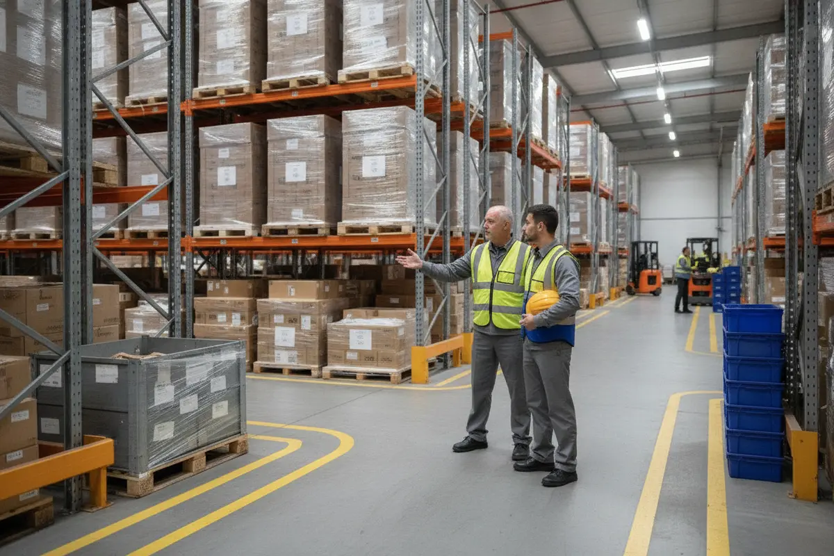 Warehouse supervisor showing a new associate the marked walking route during orientation