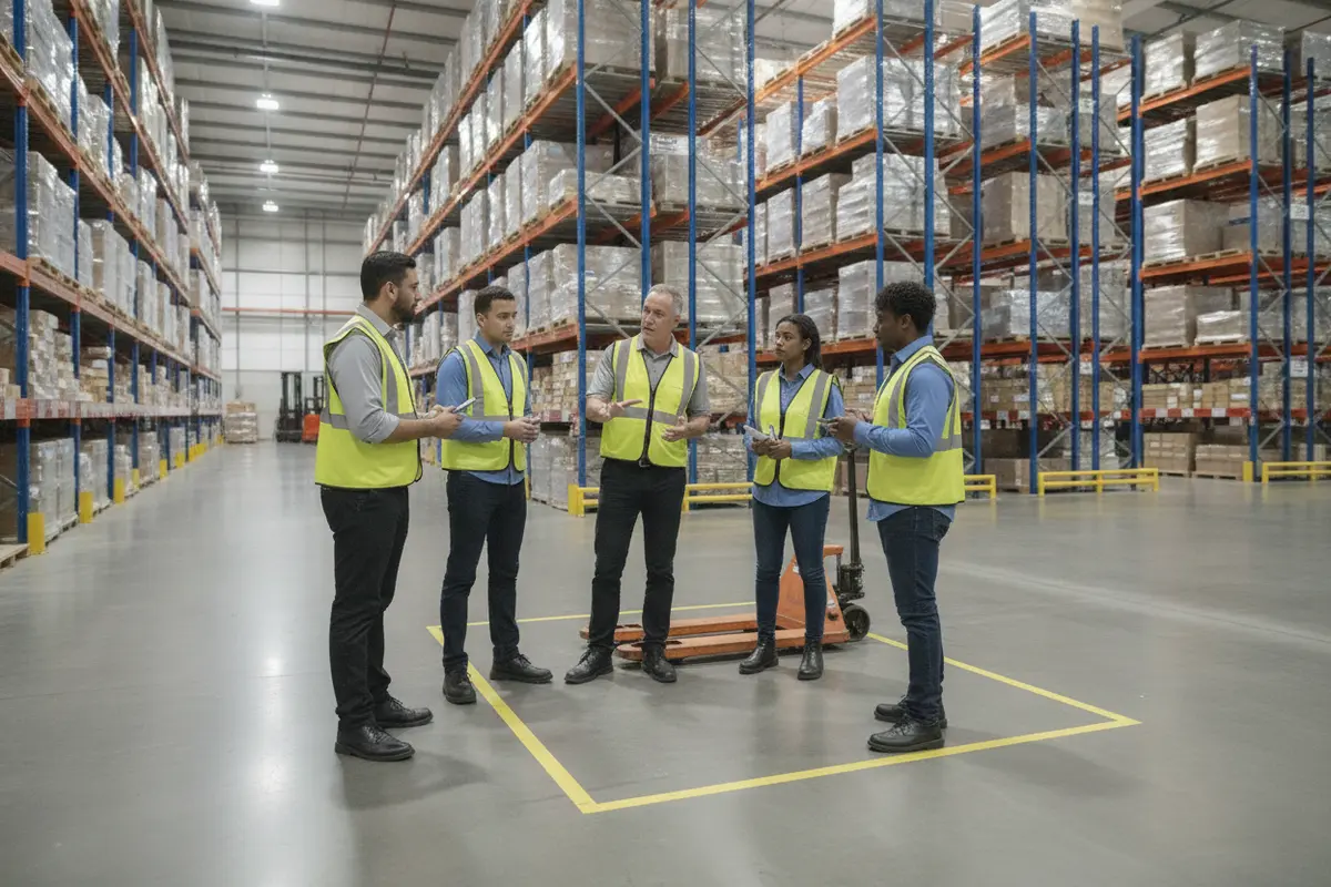 Warehouse supervisor showing new distribution center associates their work area during orientation