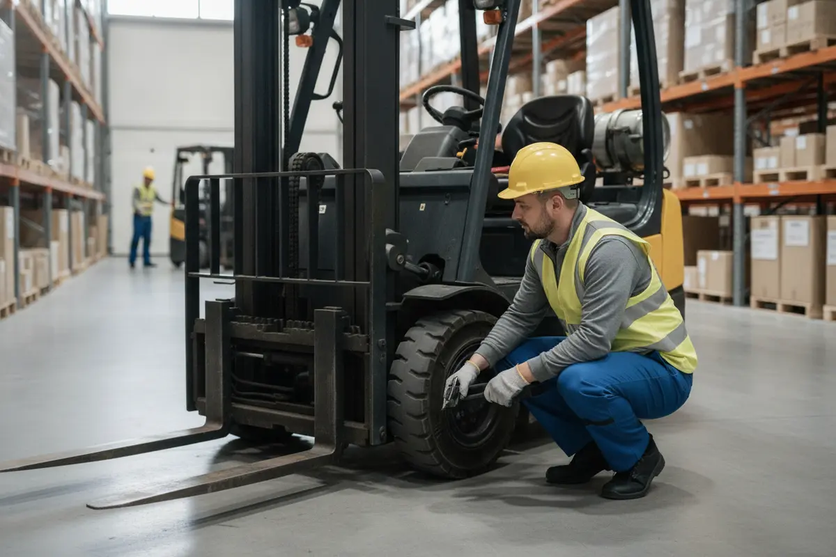 Warehouse worker checking a parked forklift before beginning a shift