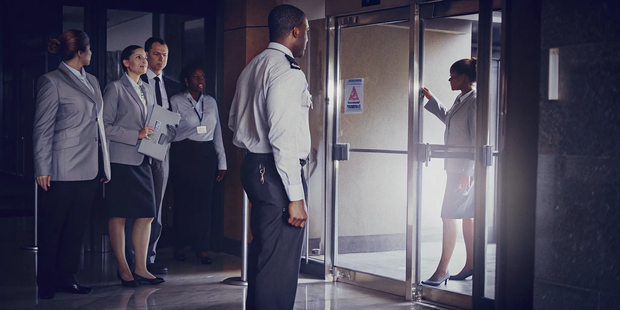 Security guard checking badges at a corporate conference entrance in Southern California