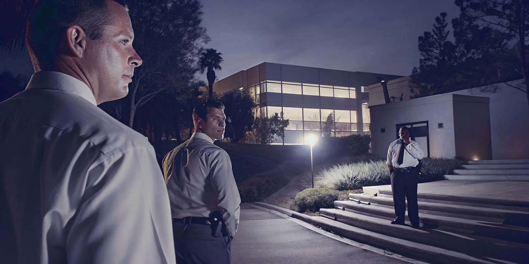 Executive protection advance team surveying a San Diego corporate venue