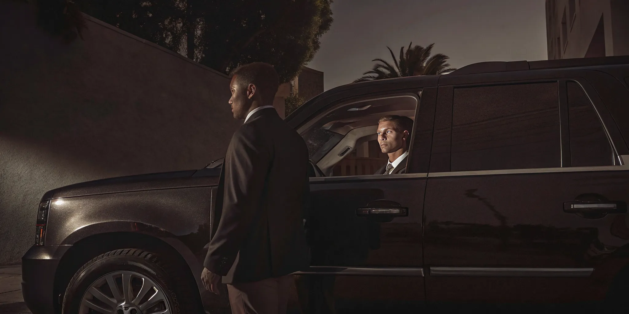Discreet bodyguard coordinating a secure executive arrival in downtown San Diego