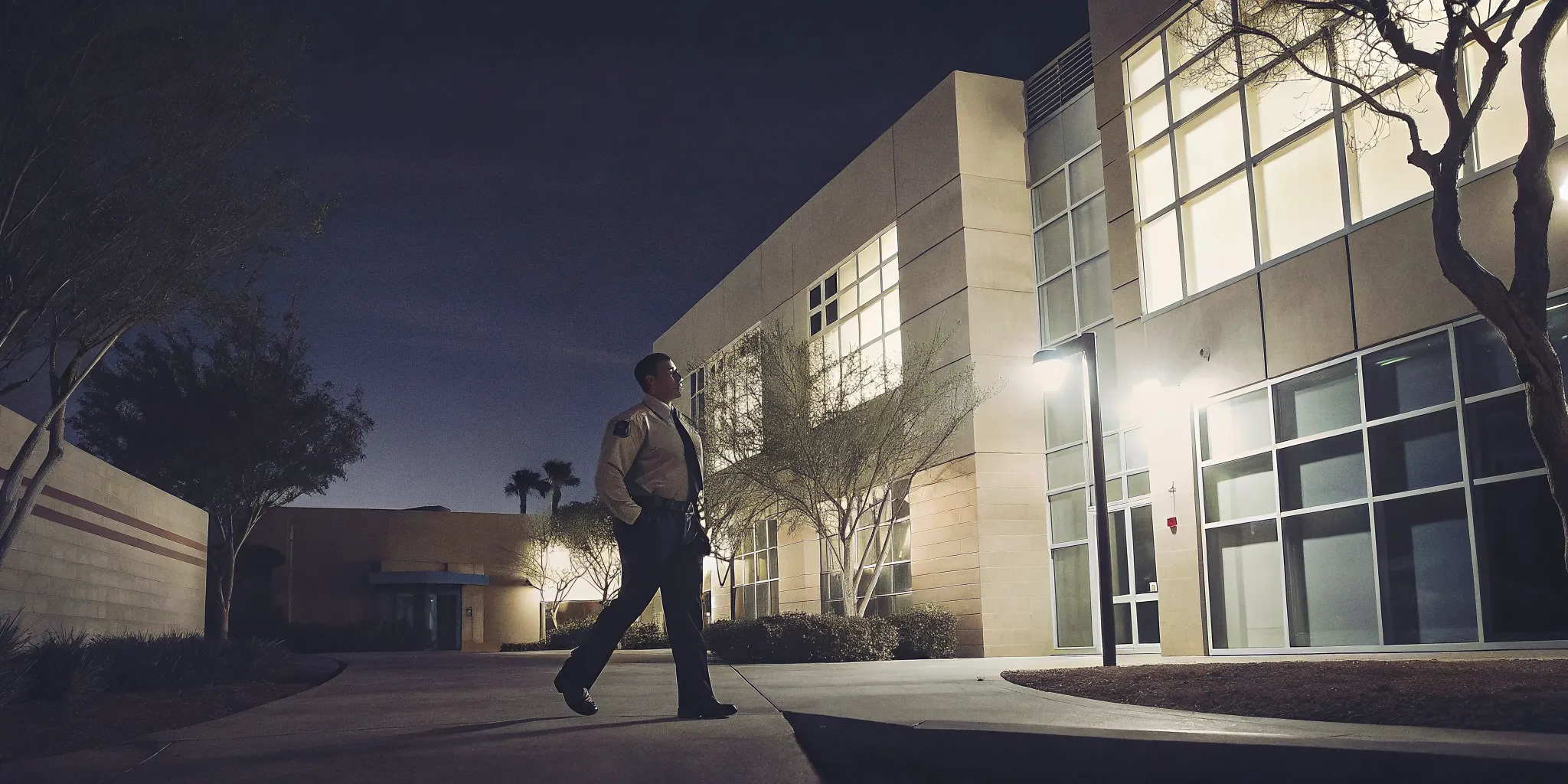 Professional security officer conducting a mobile patrol at a Southern California commercial property