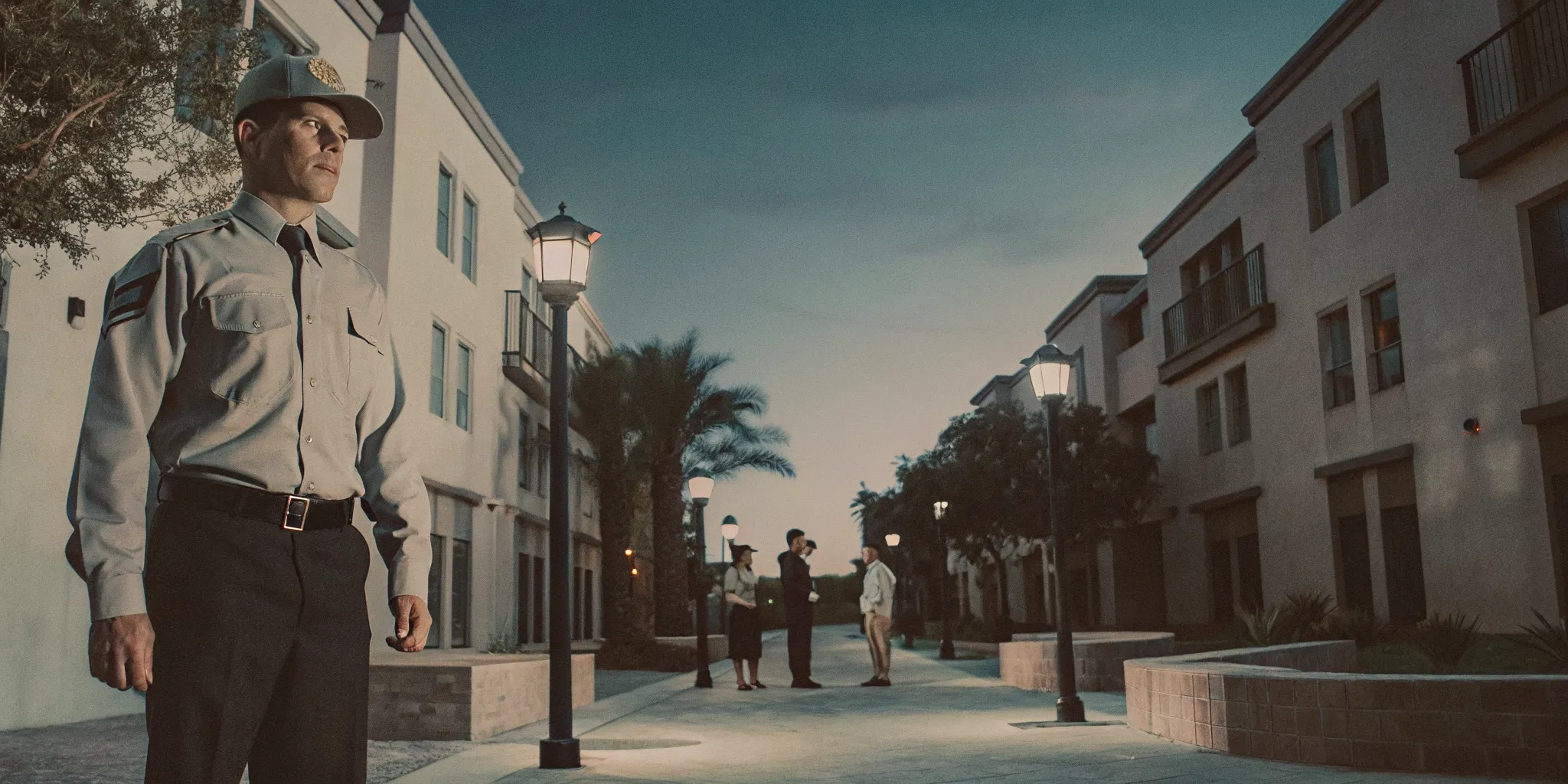 Apartment security guard conducting an evening foot patrol