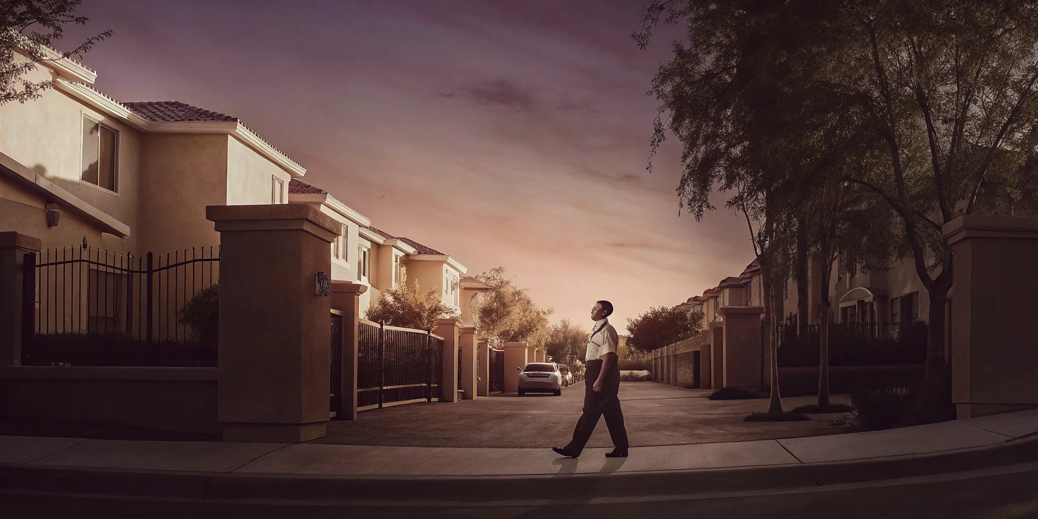 Gated community security officer conducting an evening patrol