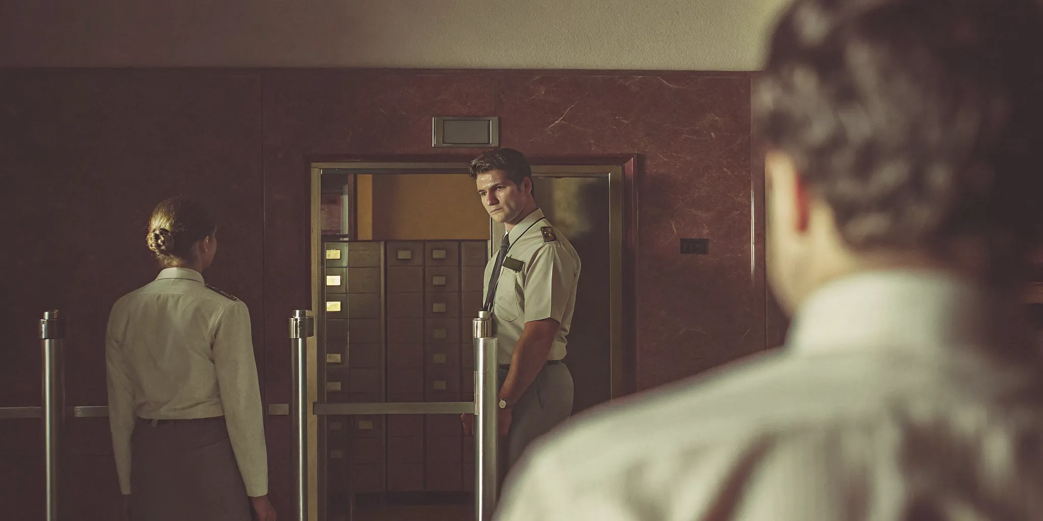 Security guard stationed at a hospital pharmacy entrance with access control panel