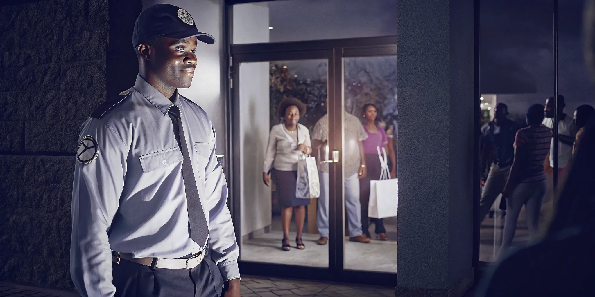 Uniformed unarmed security guard monitoring a retail store entrance with shoppers visible nearby