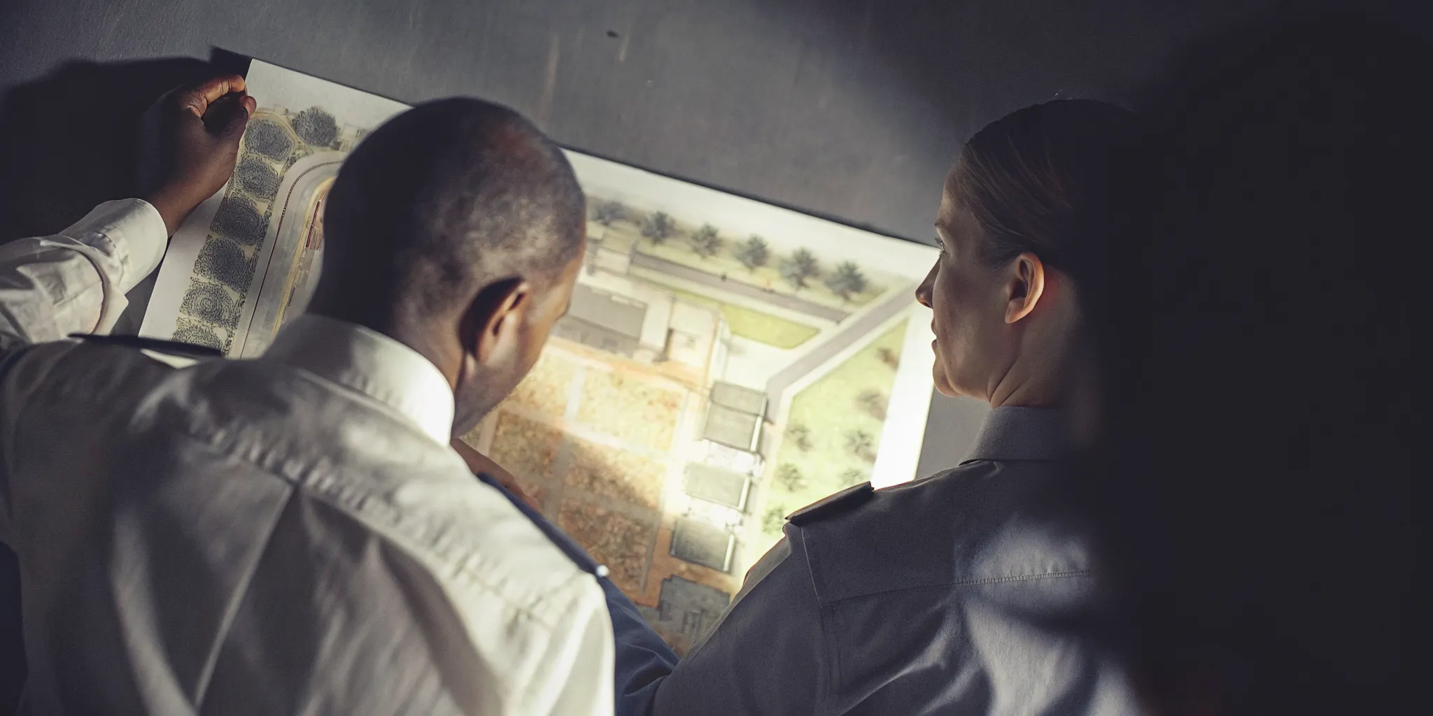 School security guard and administrator reviewing a campus safety plan