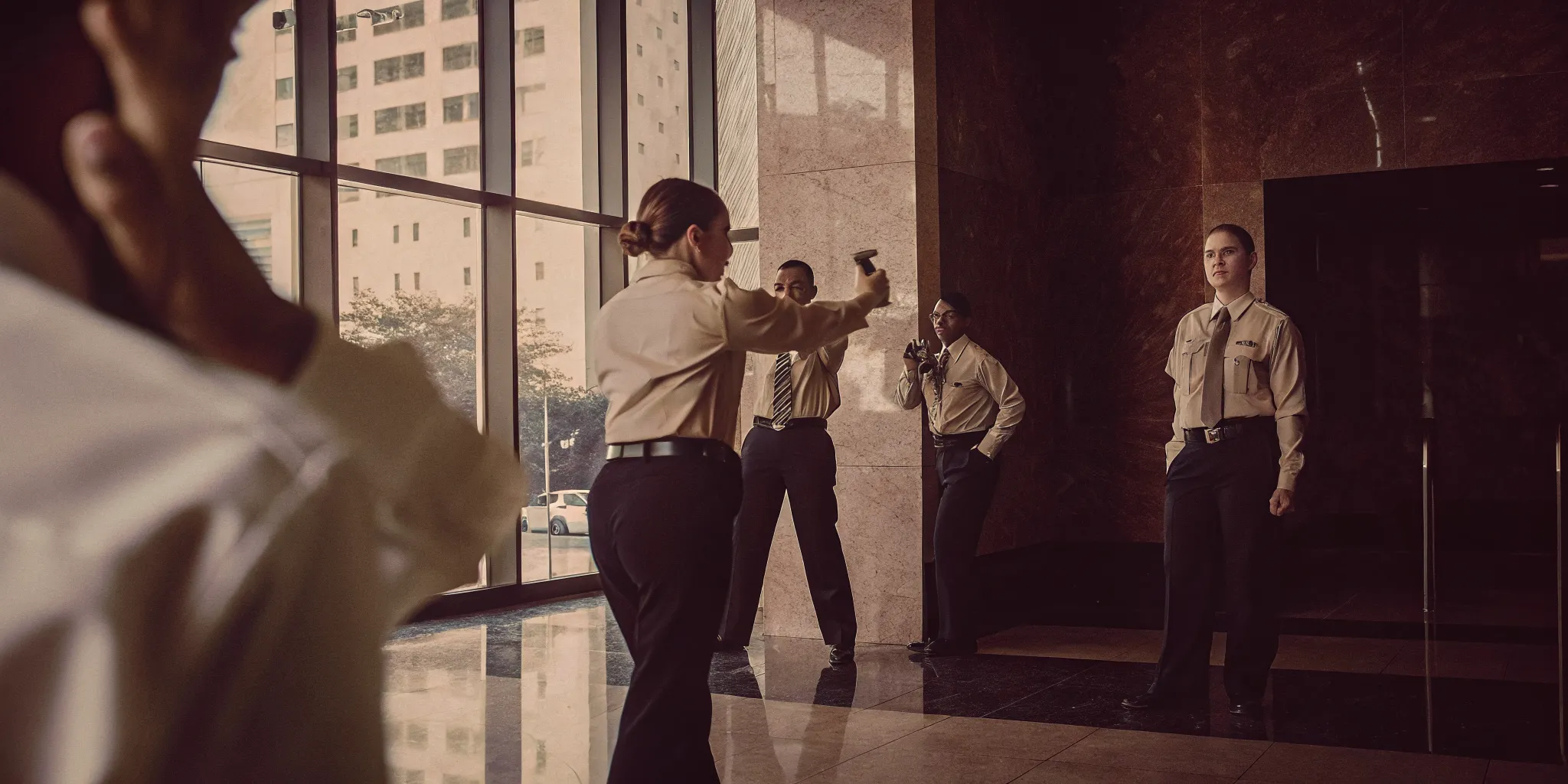 Security officers training with commercial property staff in a San Diego office building lobby