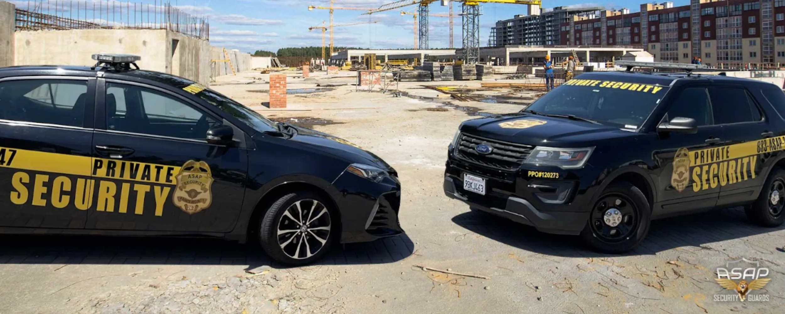 ASAP security patrol car parked on a construction site