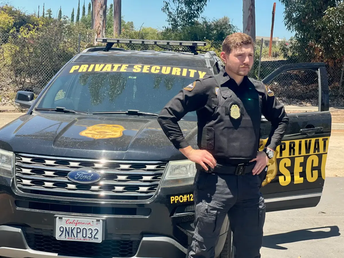 Security guard patrols a storage facility lane after hours