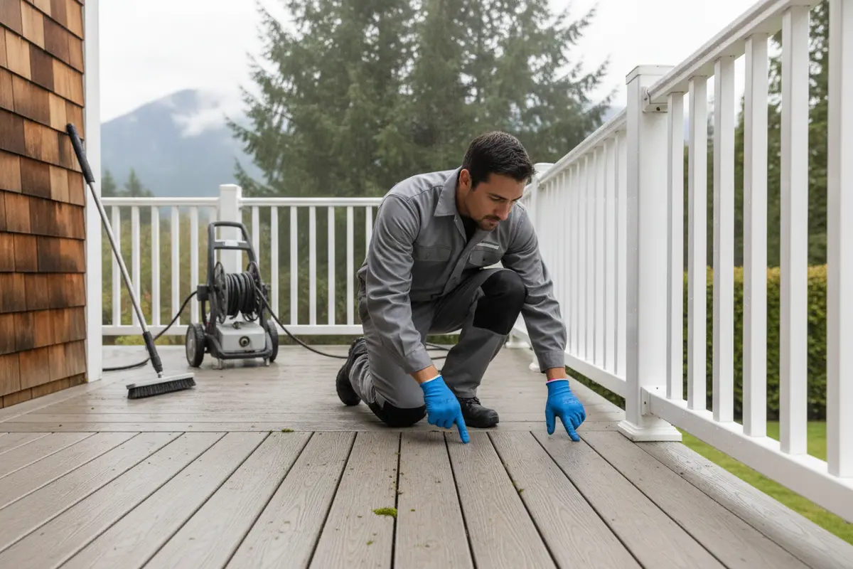 A technician checks composite deck boards before cleaning