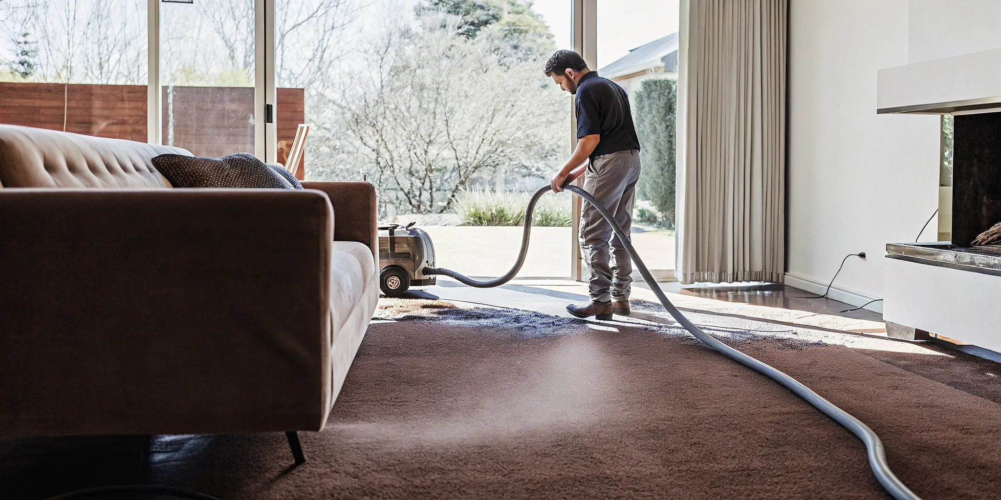 Professional carpet cleaning technician operating a truck-mounted hot water extraction system