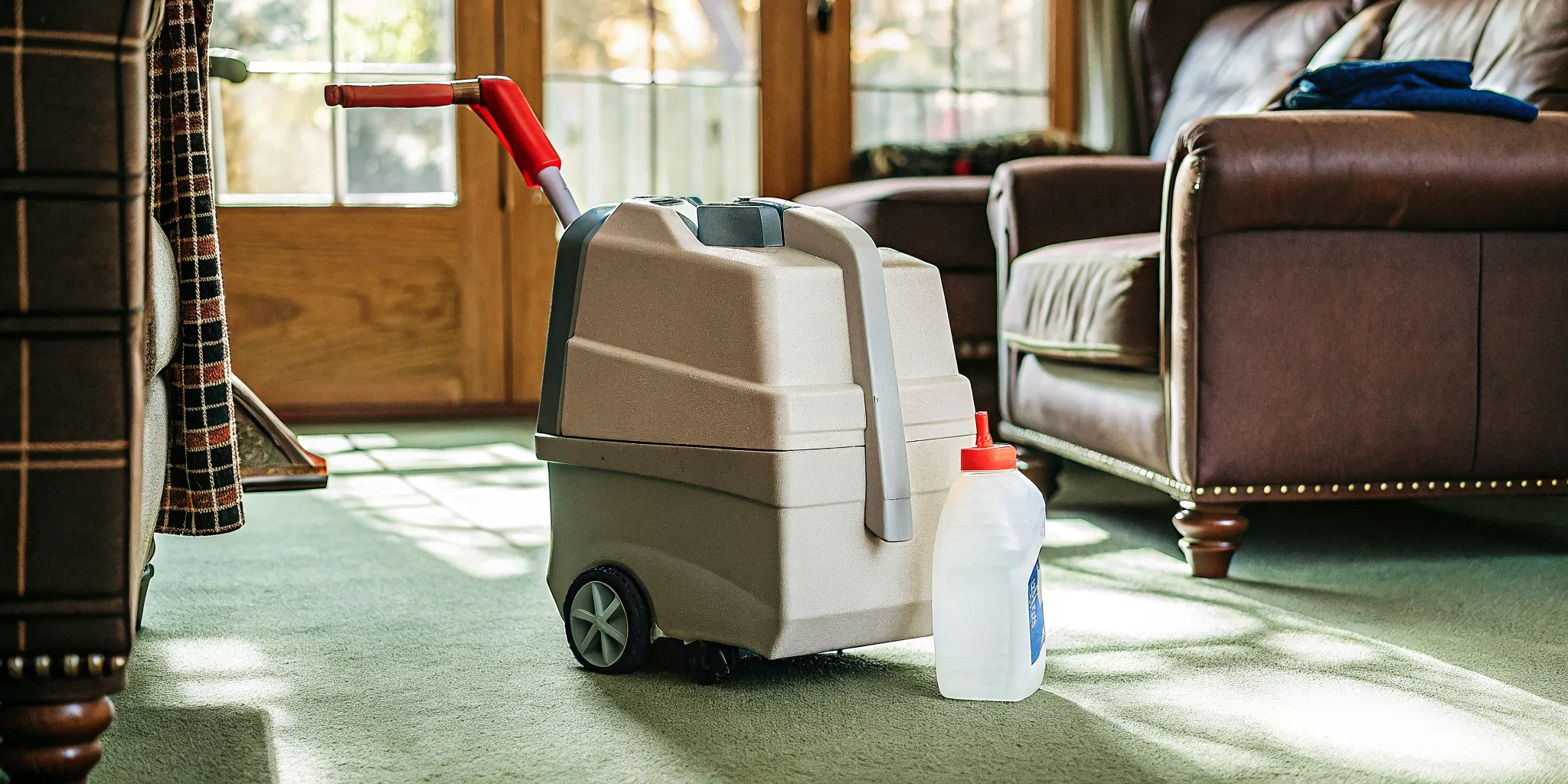 Rental carpet cleaning machine with cleaning solution bottles