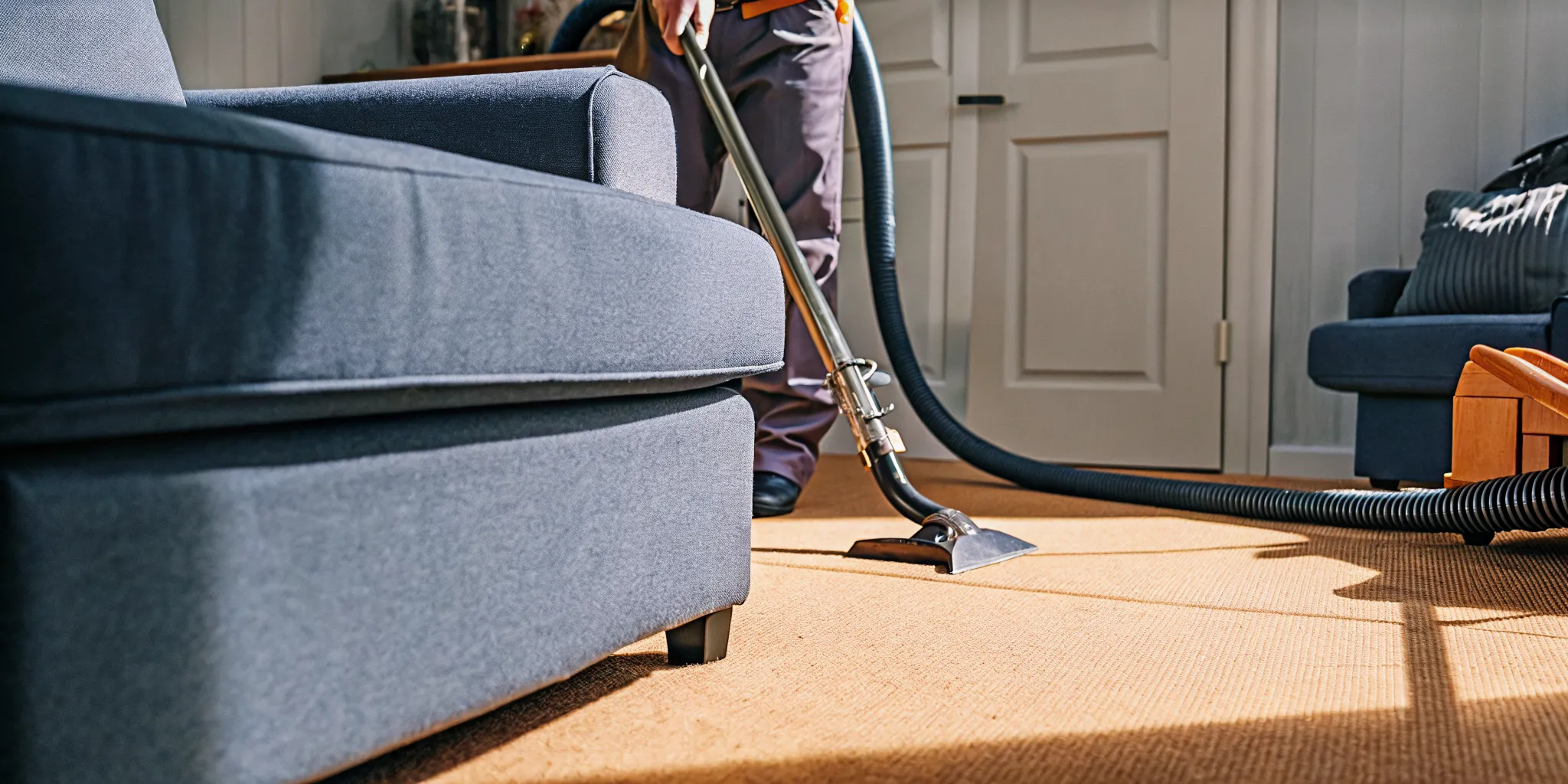 Professional carpet cleaning technician using hot water extraction equipment on a residential carpet