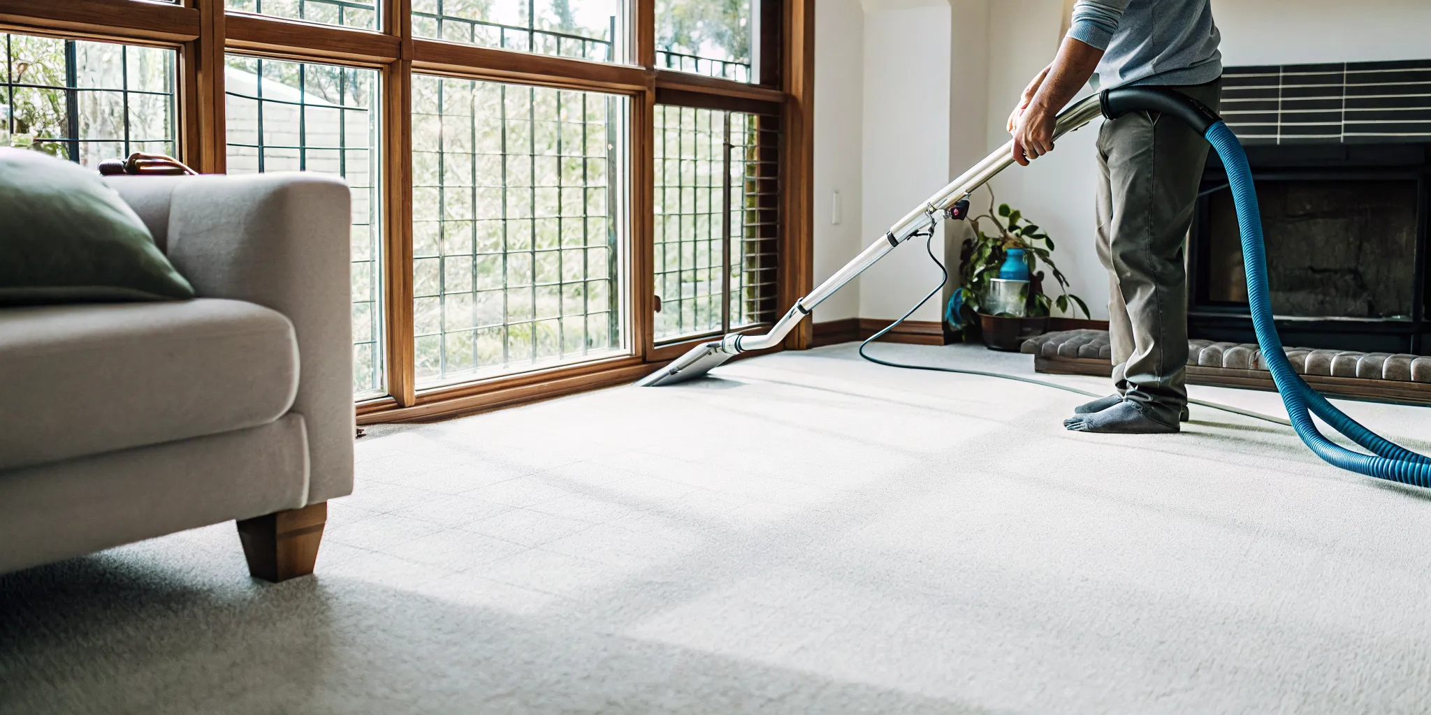 Professional carpet cleaning technician performing hot water extraction on a living room carpet in a bright spring home