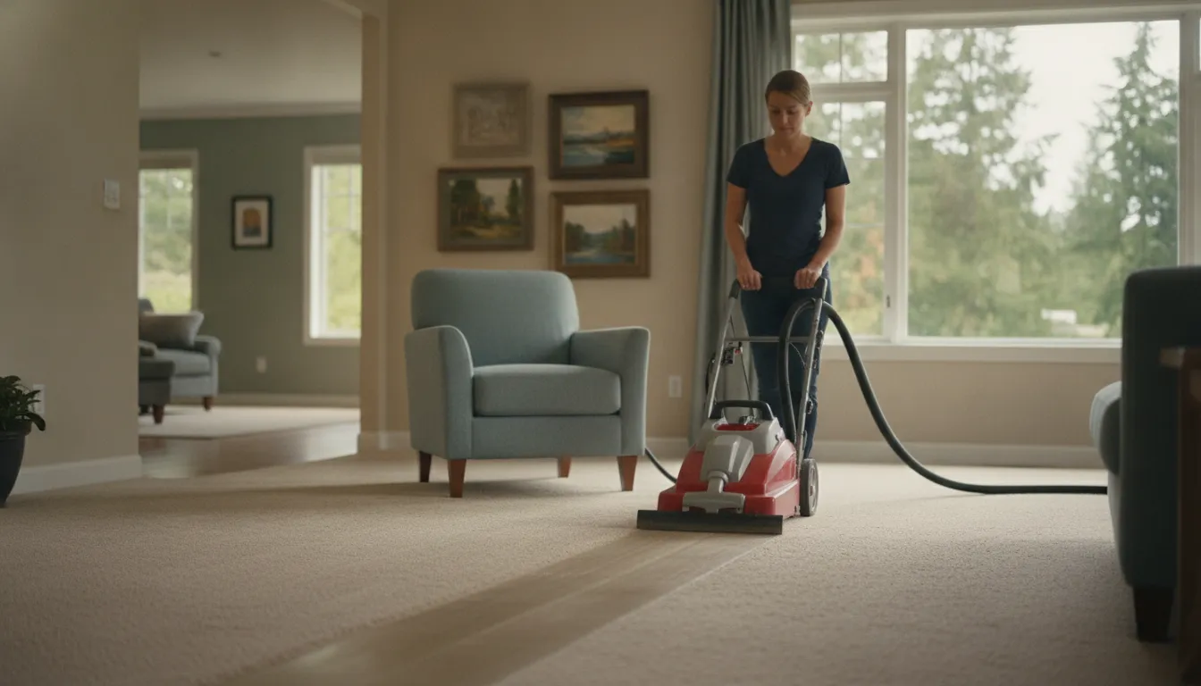 Technician professionally cleaning carpet in a bright home