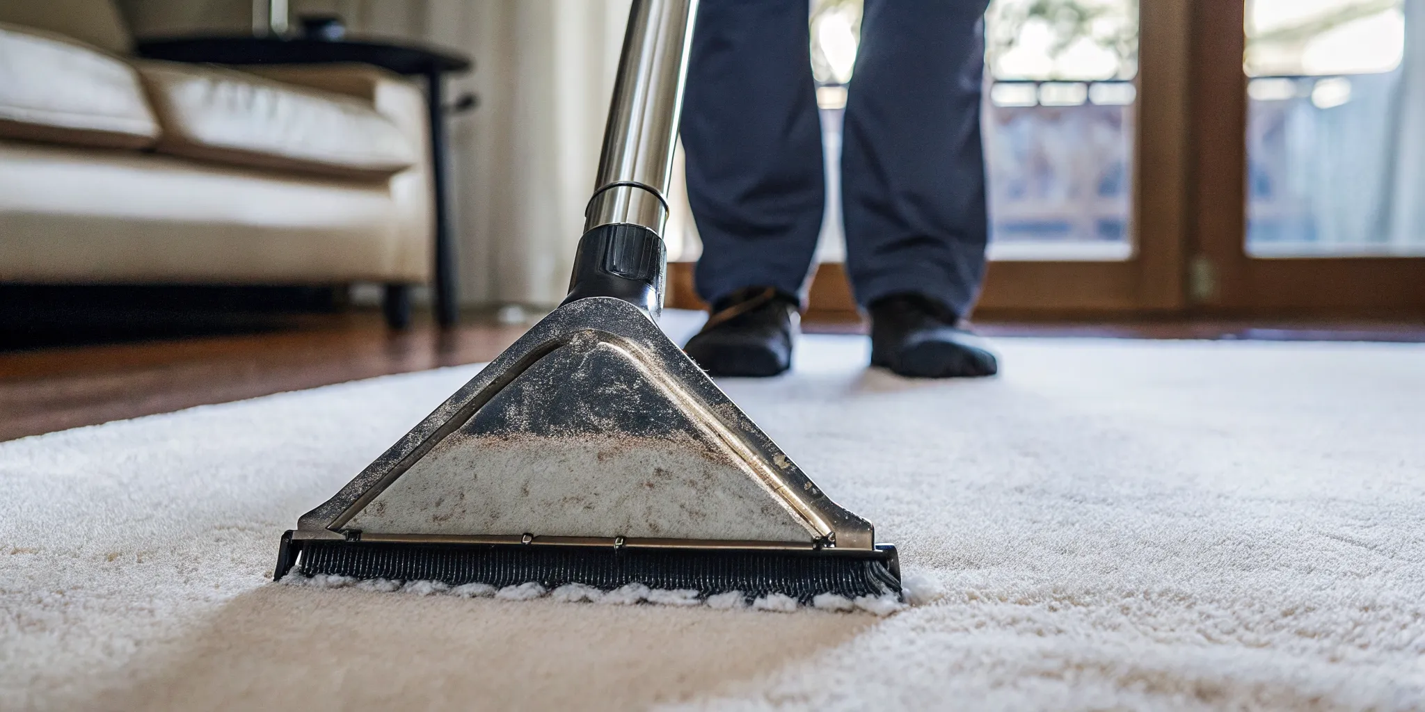 Close-up of freshly cleaned carpet fibers after professional cleaning in natural light