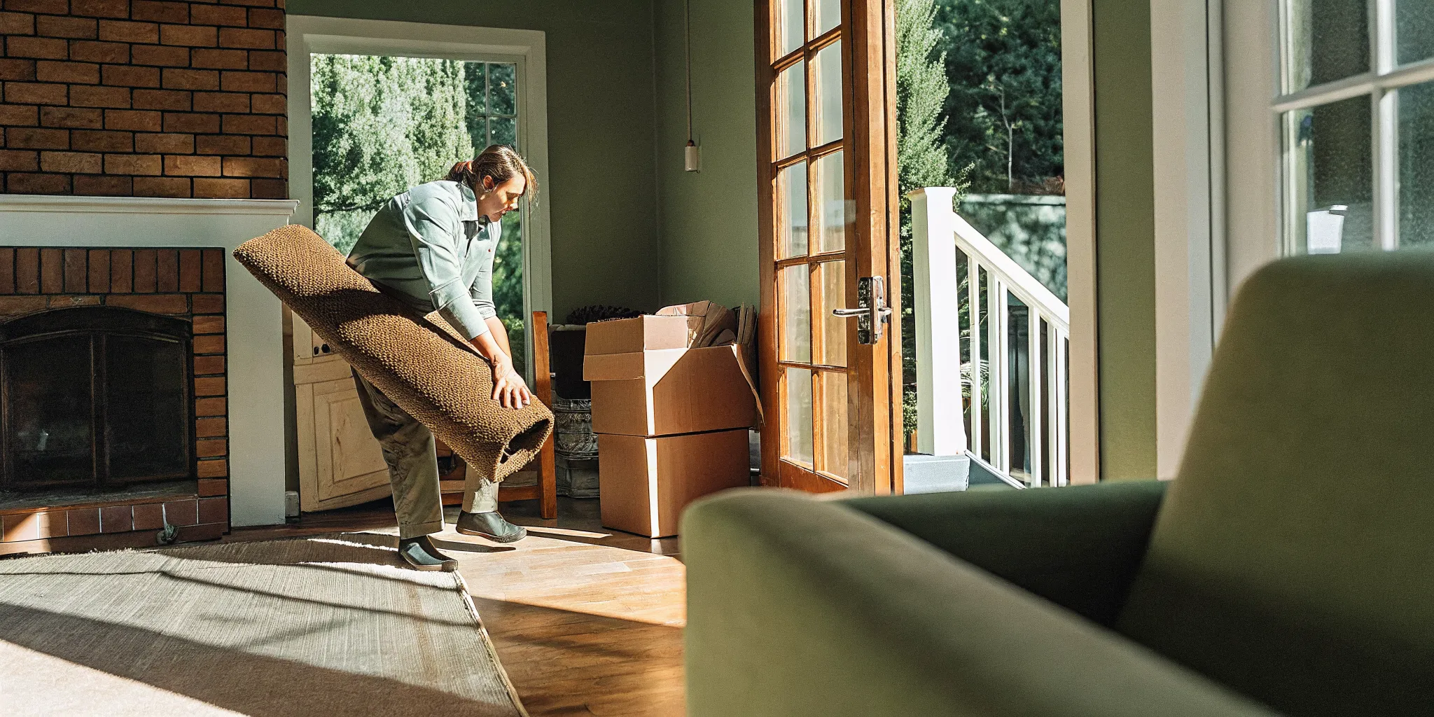 Homeowner moving furniture to prepare a room for professional carpet cleaning