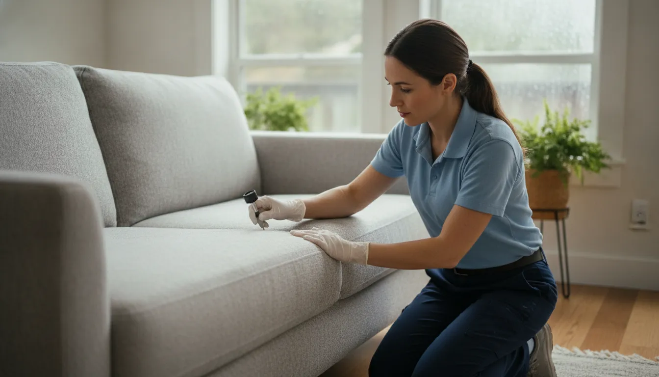Technician evaluating carpet and upholstered furniture for odor treatment