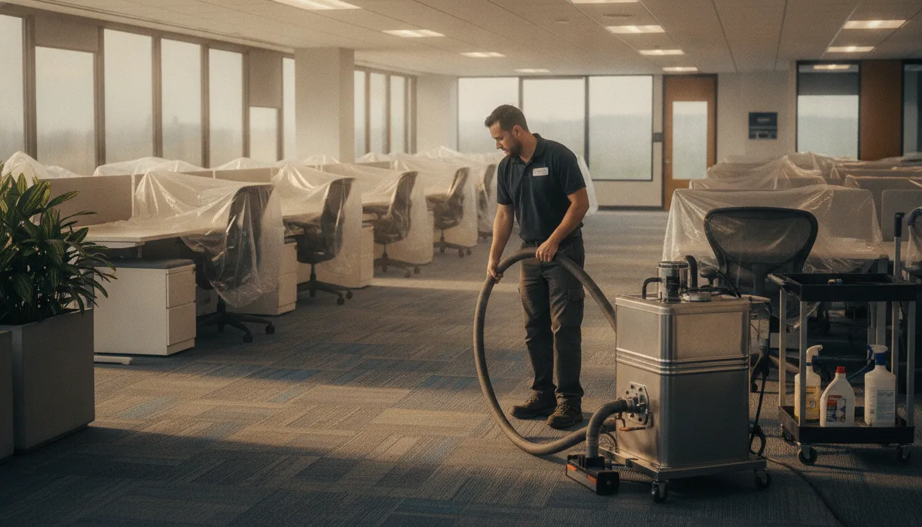 Technician preparing a commercial office carpet for professional cleaning