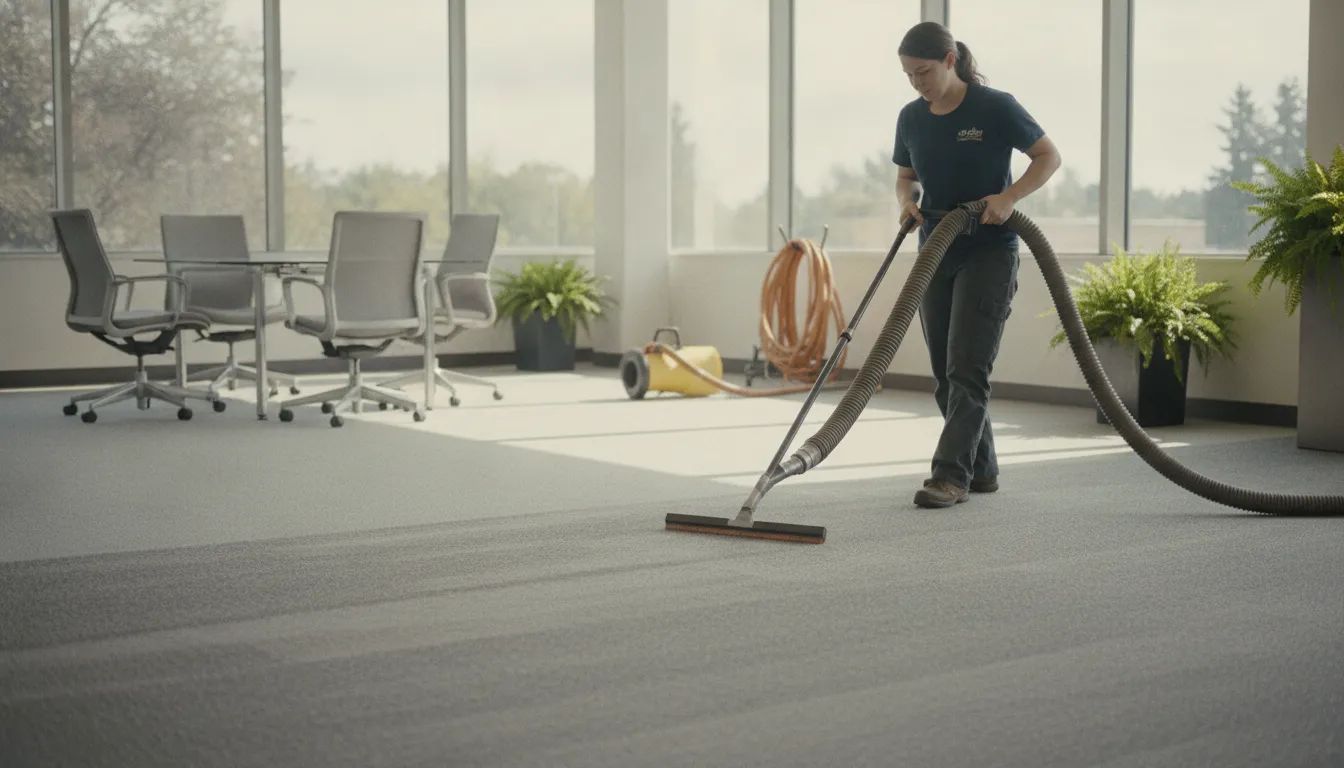 Commercial carpet cleaning company technician using equipment in an office