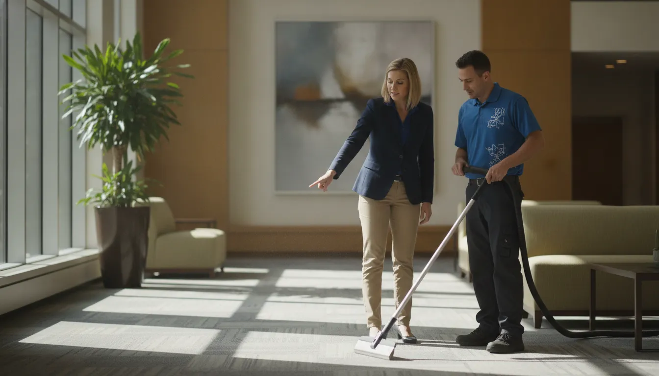 Facility manager discussing a commercial carpet cleaning company plan with a technician