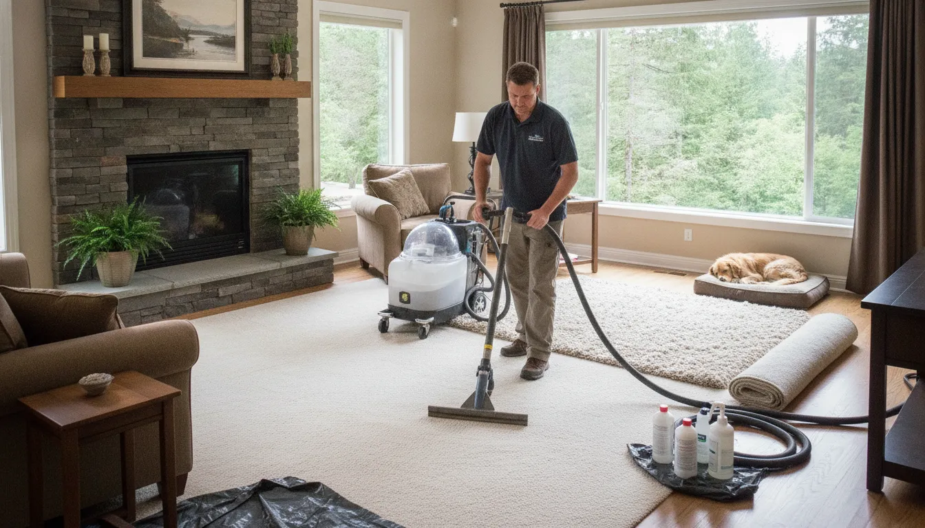 Technician cleaning residential carpet in a bright family living room