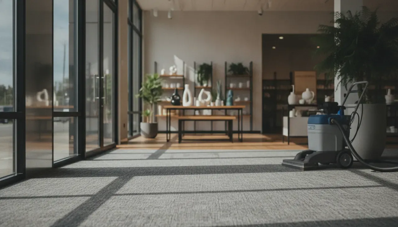 Freshly cleaned carpet supporting retail store presentation