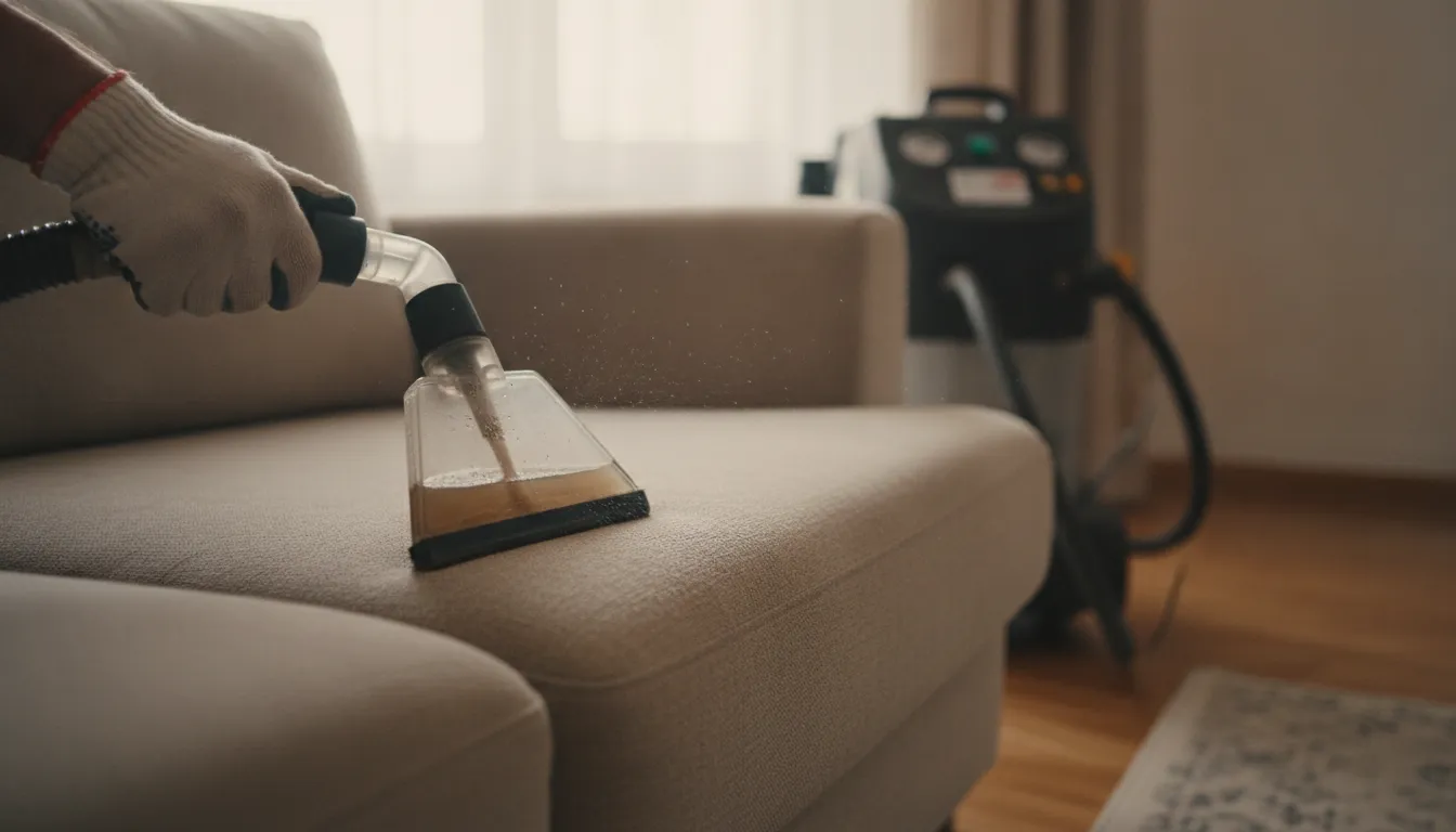 Tubro Carpet Cleaning technician deep cleaning a soft gray fabric sofa using a professional hot water extraction wand