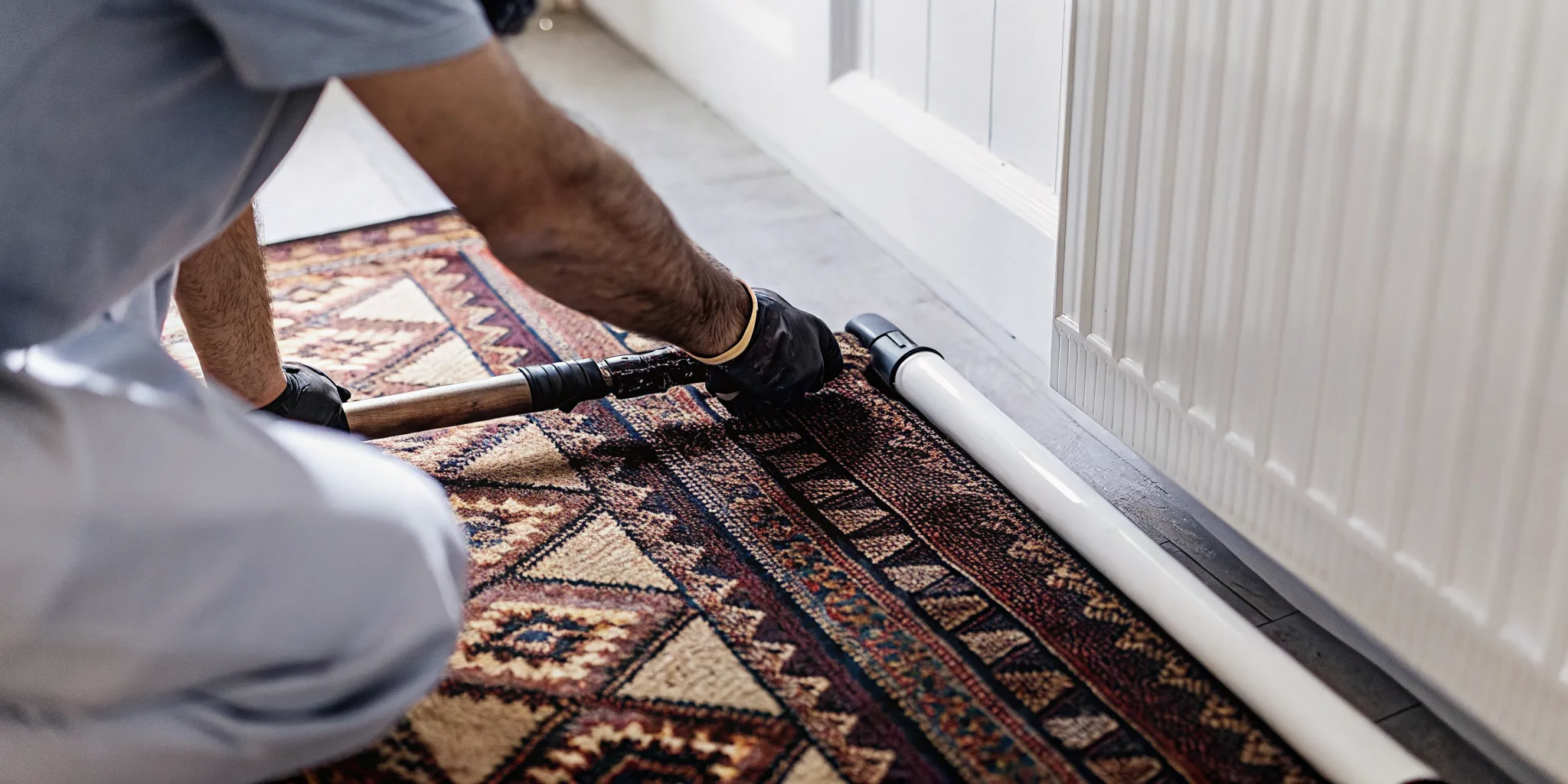 Tubro technician performing area rug cleaning professional service on-site