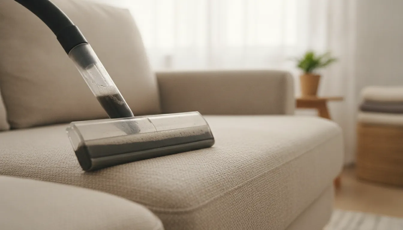 Professional upholstery cleaning wand removing dirt and water from a fabric sofa cushion