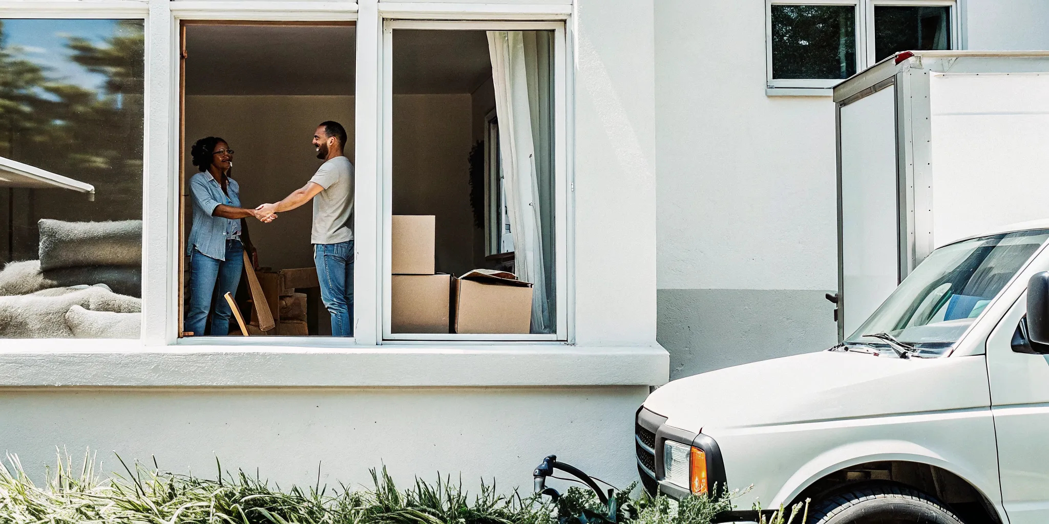 Landlord and renter shaking hands in front of a clean apartment with freshly cleaned carpets and moving boxes