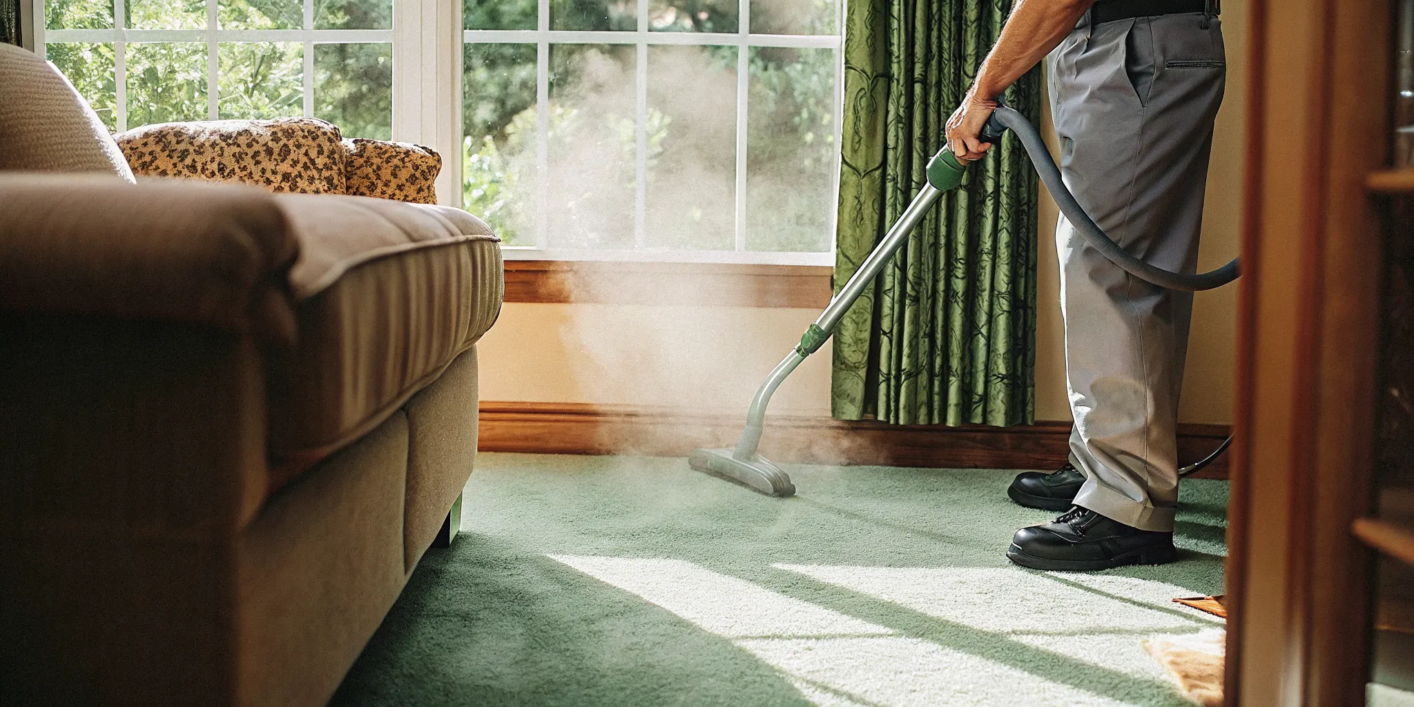 Technician using hot water extraction equipment on carpet