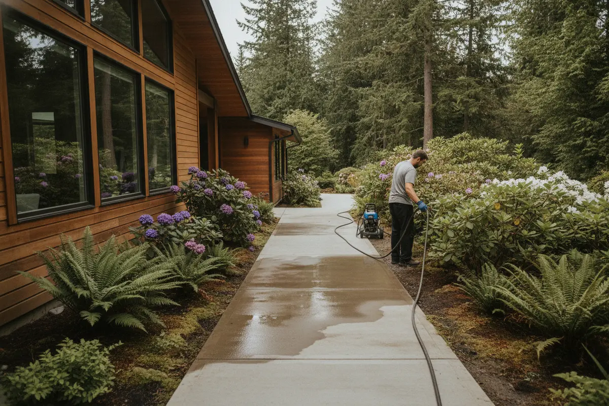 Pressure-washed walkway beside a well-maintained home exterior