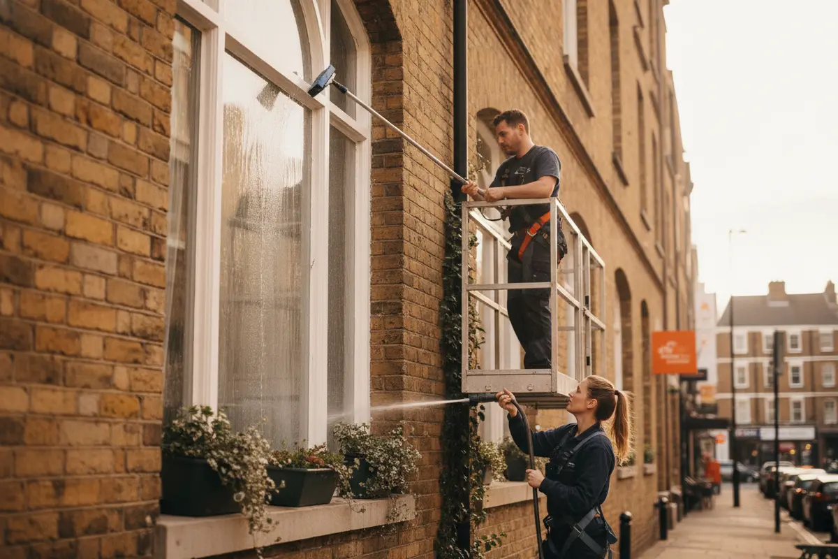 Technician assessing an exterior window before cleaning