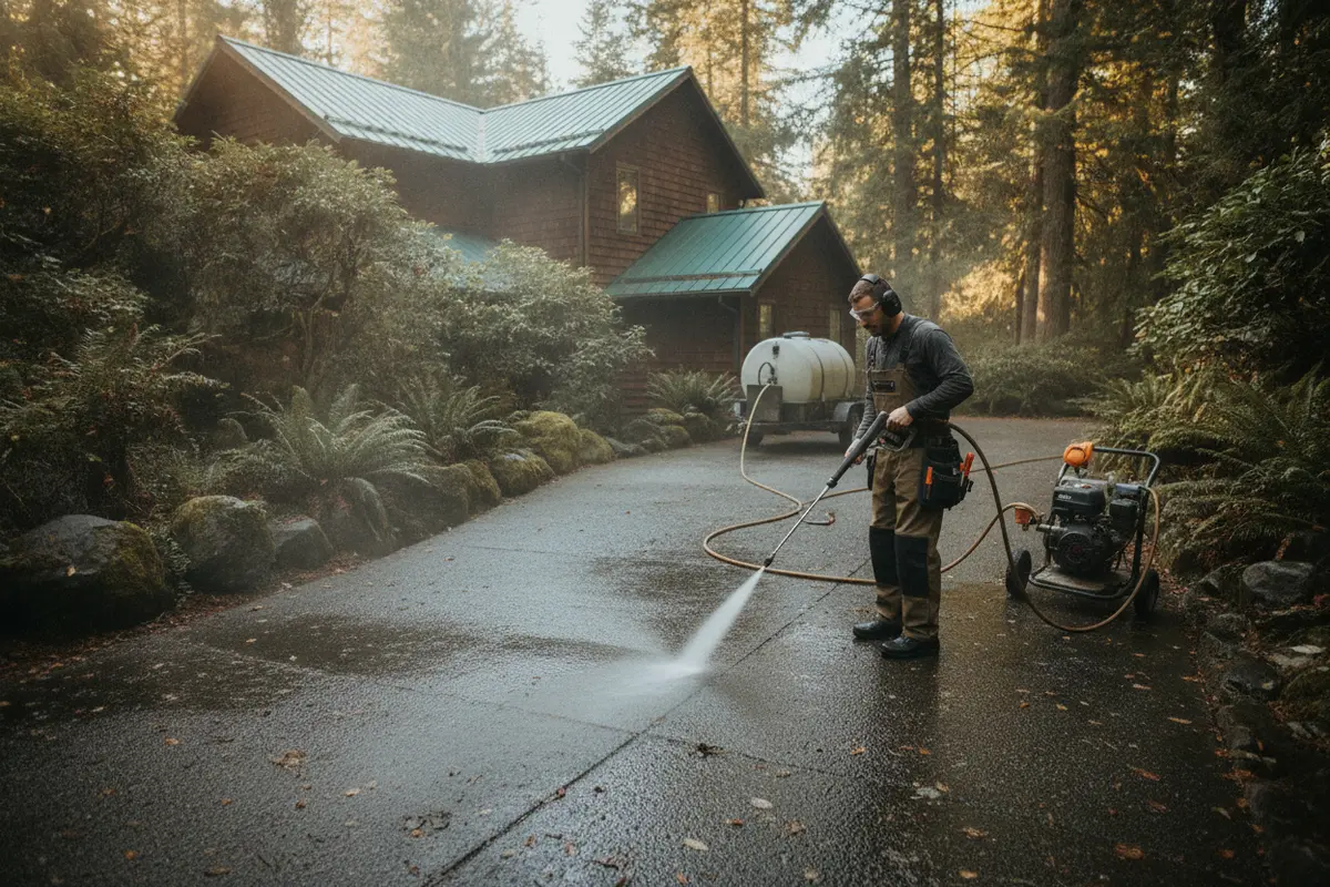 Technician pressure washing a residential concrete driveway