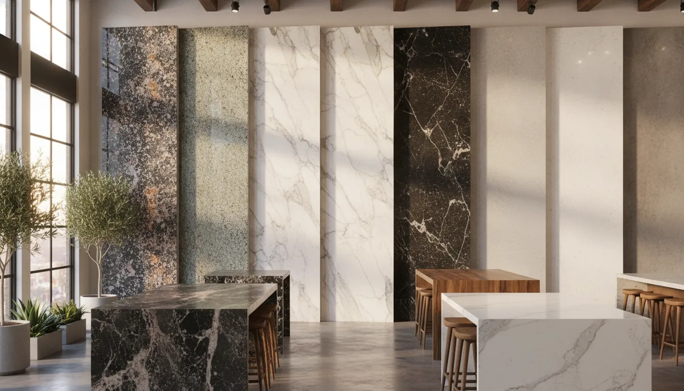 Granite marble and quartz countertop materials displayed side by side