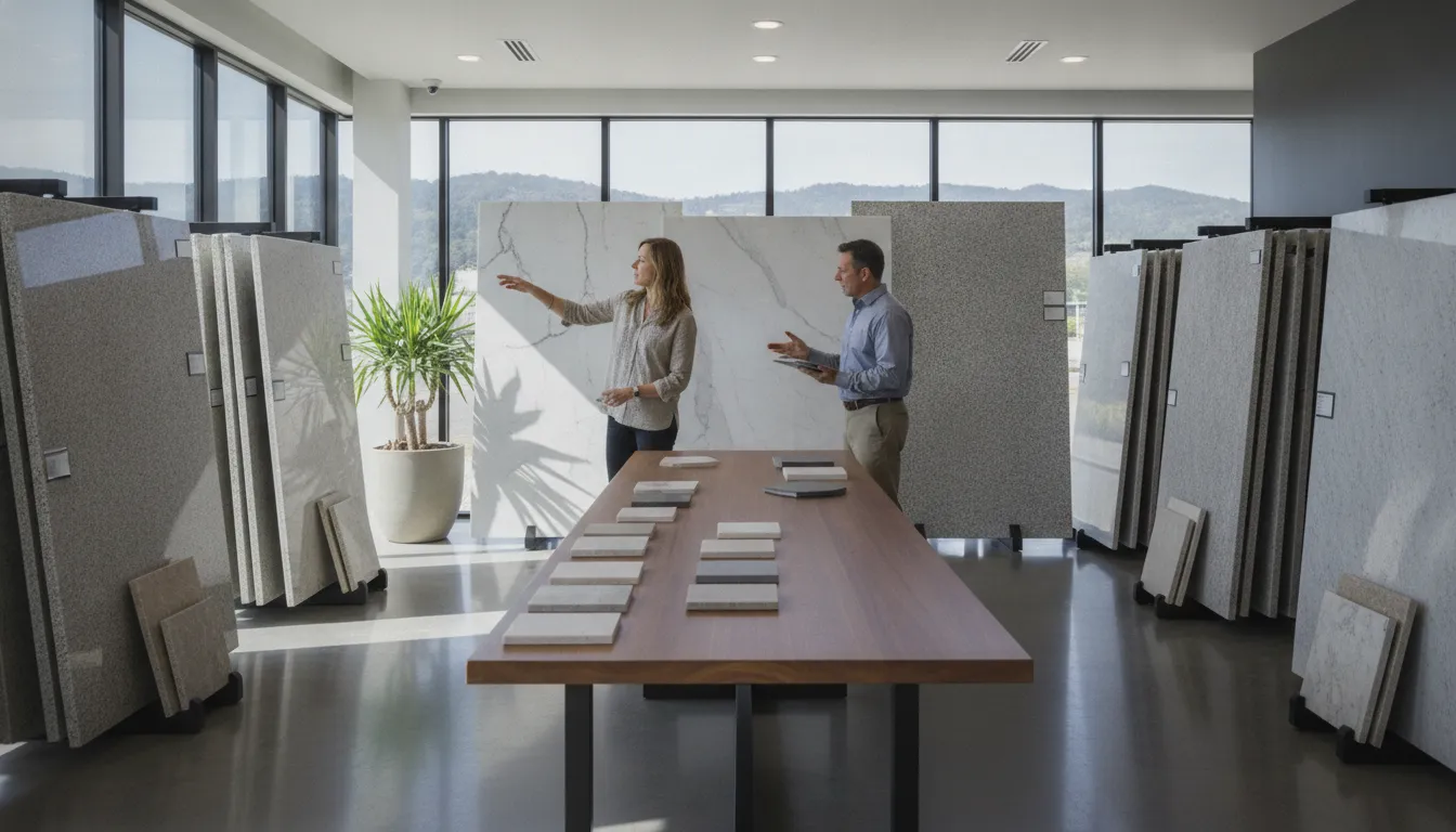 Homeowner comparing full-size stone slabs in a local showroom