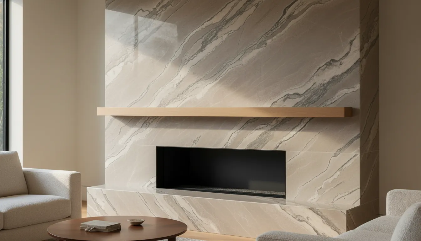 Natural stone fireplace surround in a modern Bay Area living room