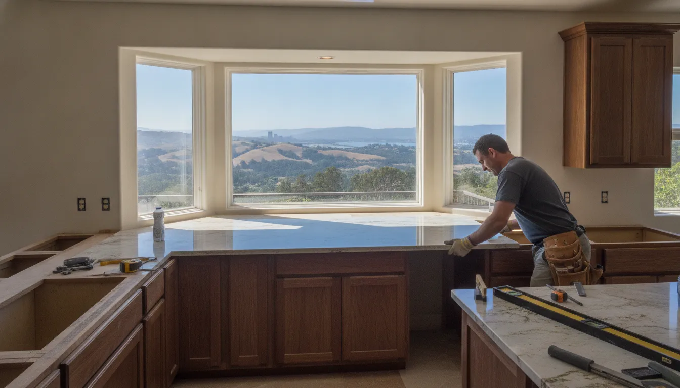 Countertop installer fitting a polished stone surface in a kitchen