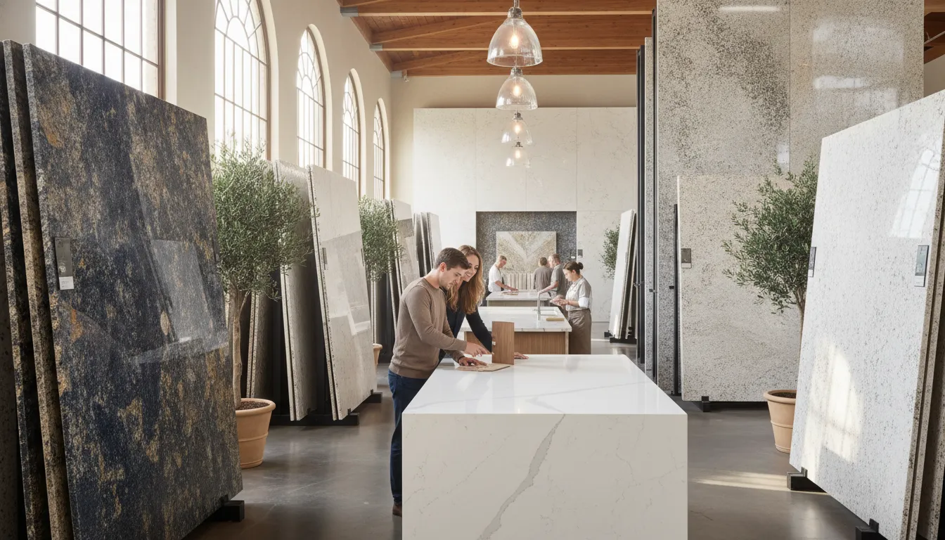Homeowner comparing stone choices with a countertop installer in a showroom