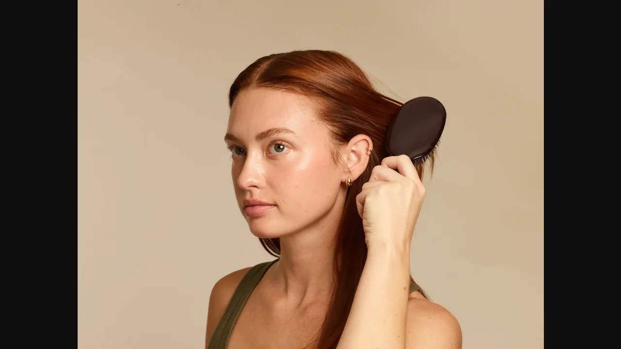 Woman gently brushing long hair as part of gentler hair care