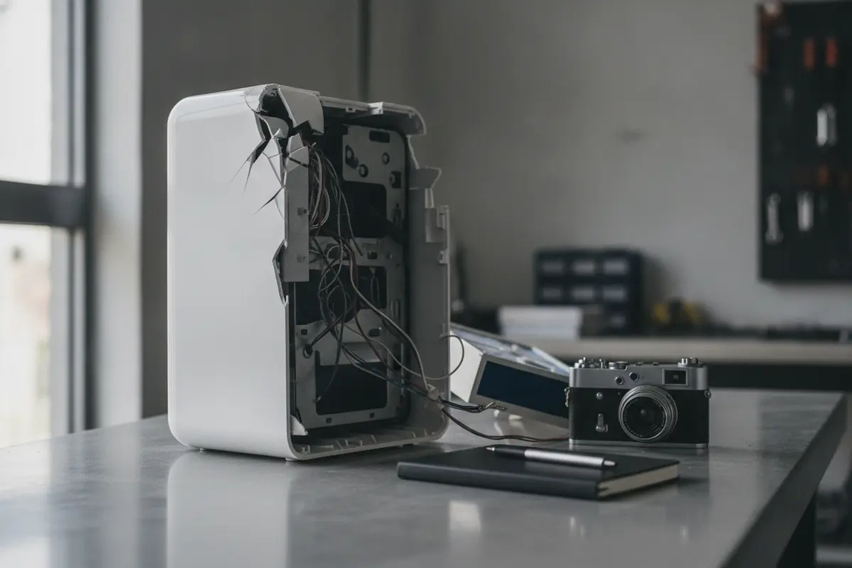 A damaged consumer product and its components documented as potential claim evidence