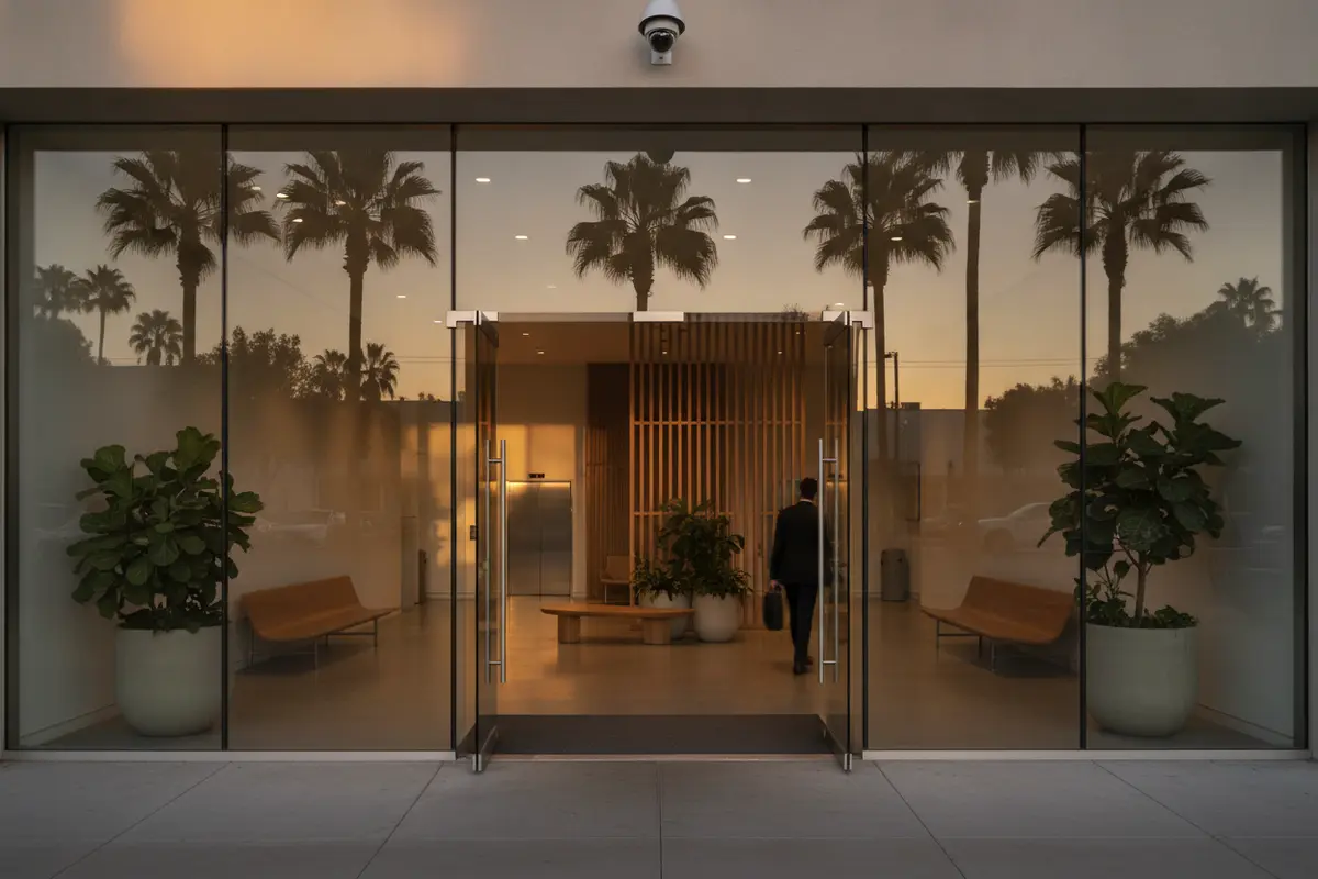 A lit property entrance with a security camera and clear sightlines