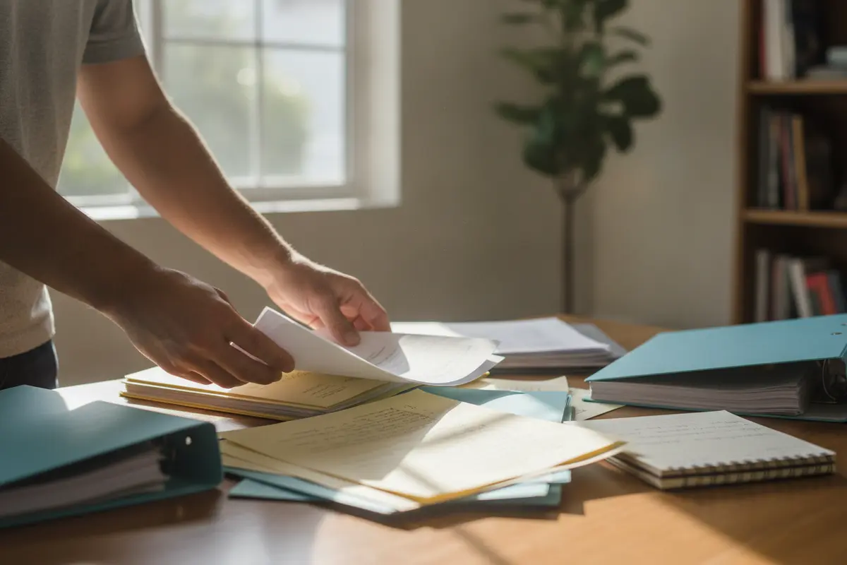 A person organizes accident and medical records at home